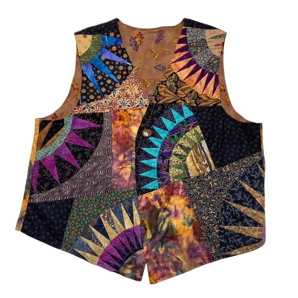 Hand Crafted Patchwork Tie-Dye Floral Print Bohemian One Button Vest Sz L/XL - Picture 2 of 16